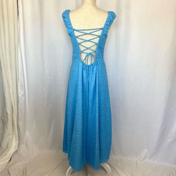 ASTR THE LABEL Midi Blue Dress Lace Up Open Back NWOT Women M Crinkle - Picture 2 of 11